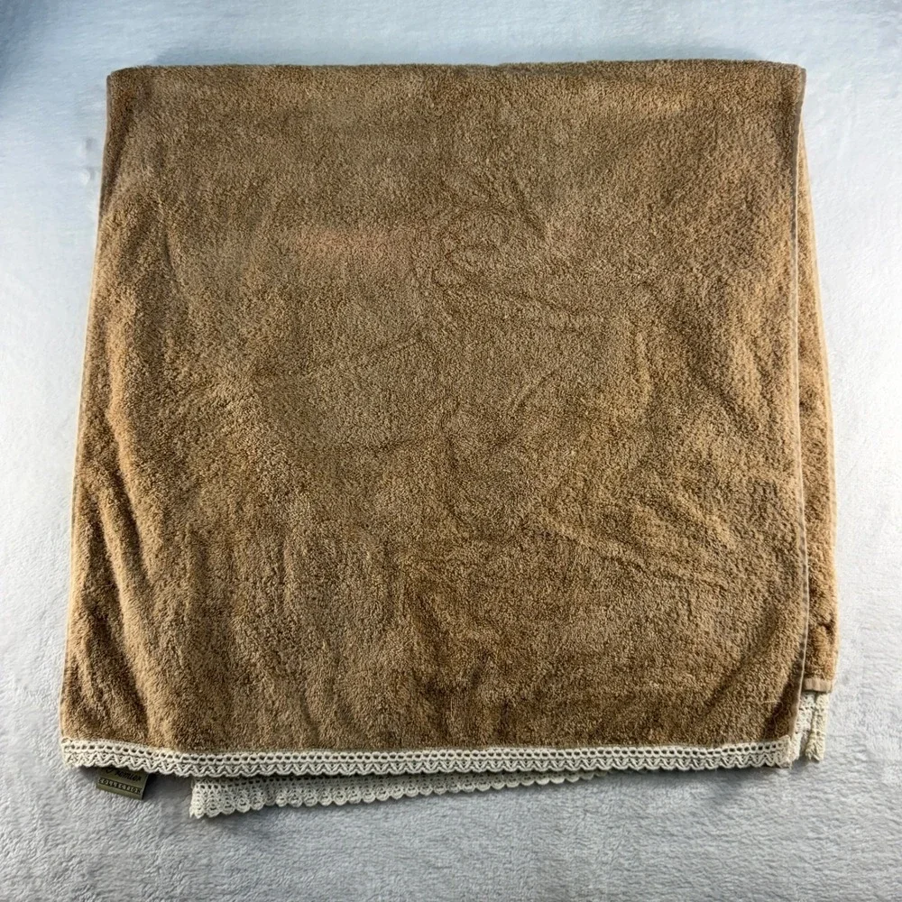 Premier Collection 3pc Towel Set Tan Cotton Crochet Lace Trim Made in Turkey